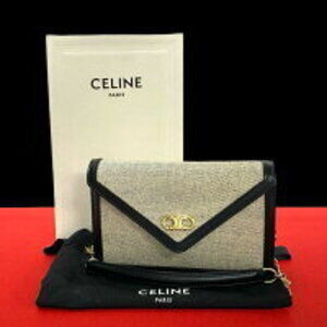 Celine Triomphe chain shoulder bag black Ivory White canvas leather